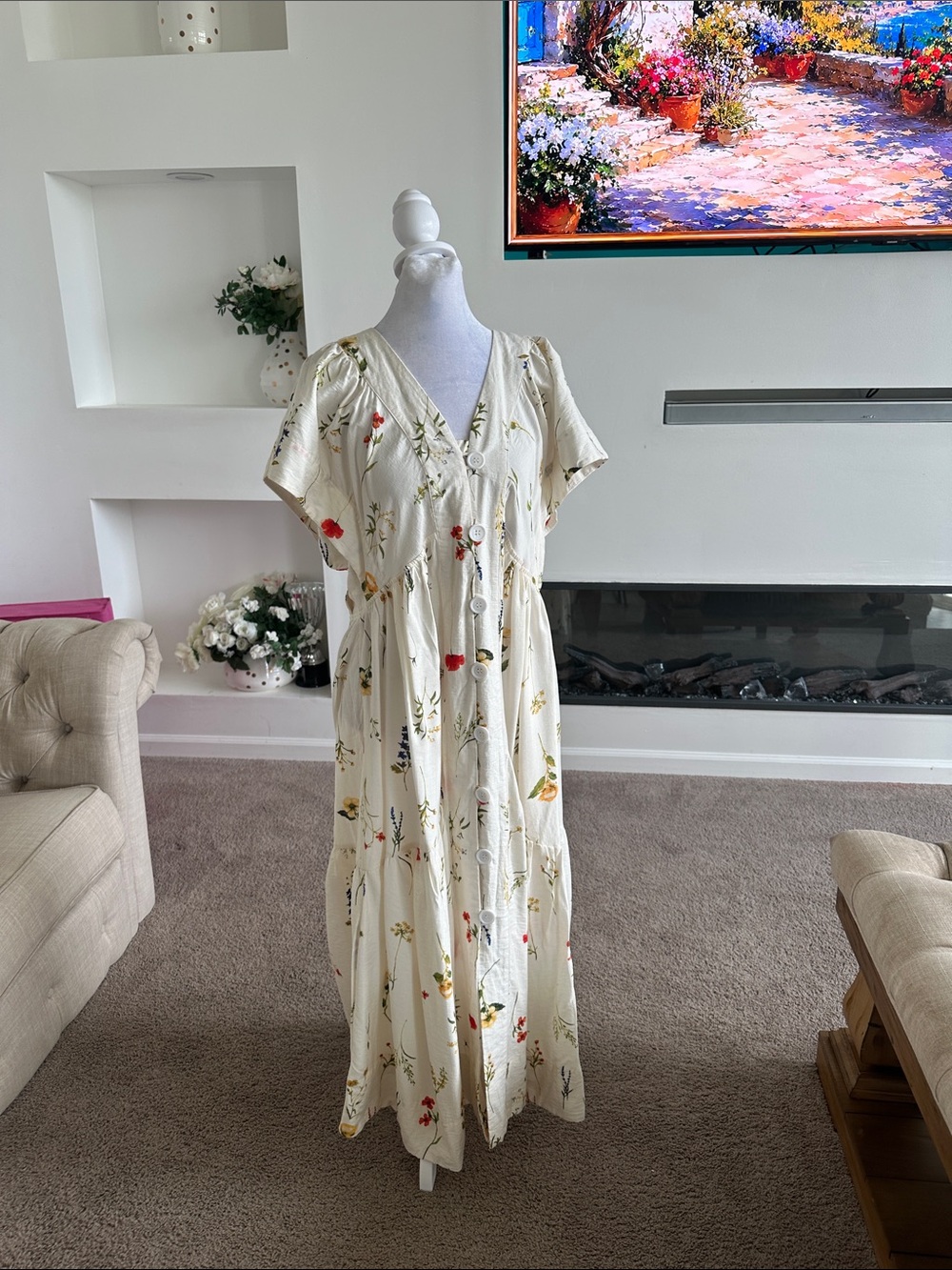 Umgee Cream Floral Maxi Dress with Red & Yellow Accents